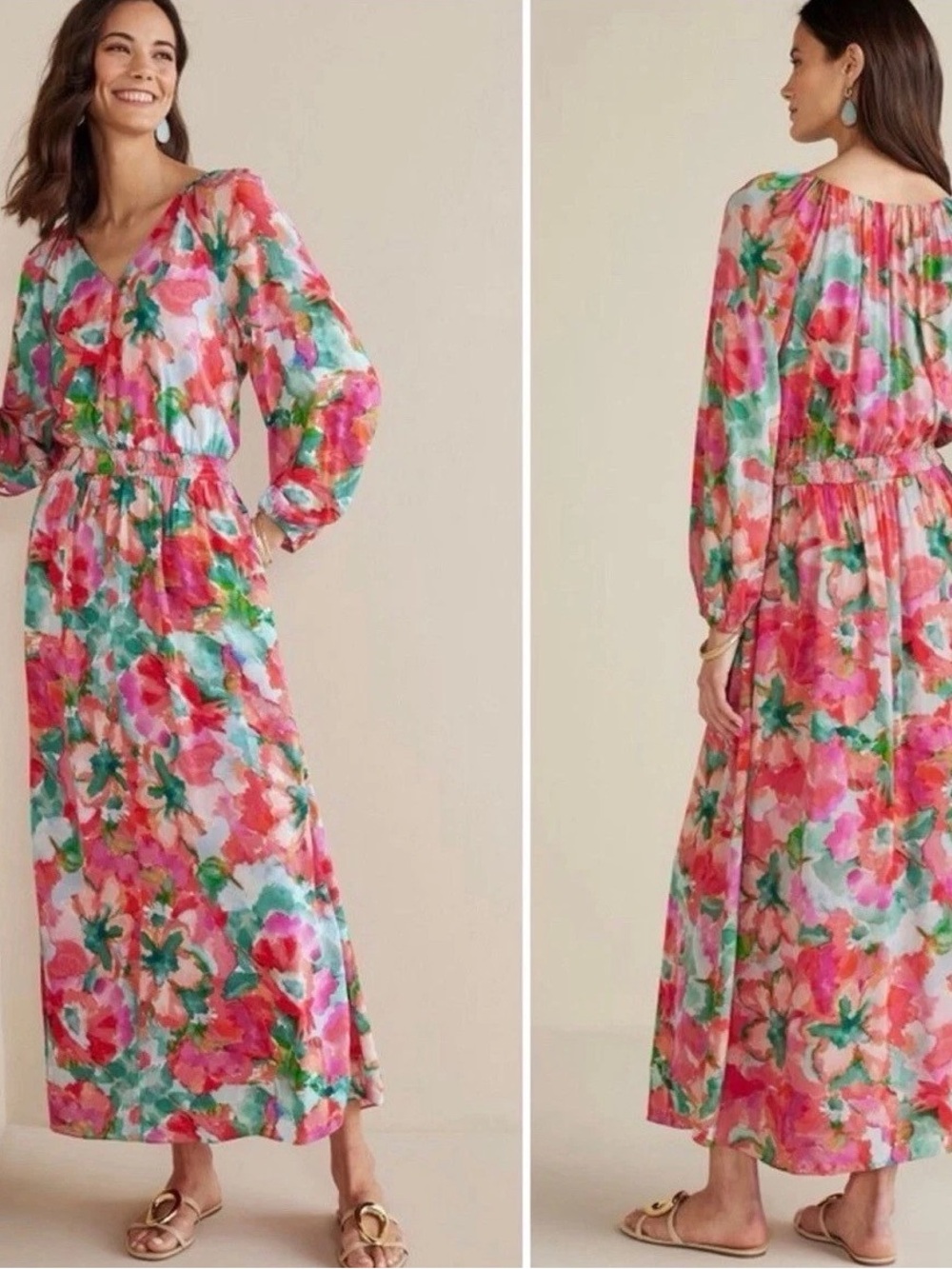 NWT SOFT SURROUNDINGS Evalina Tropical Floral Smocked Waist Lined Dress Size L